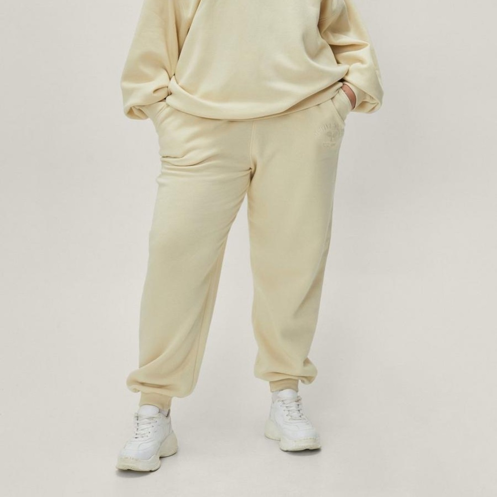 NASTY GAL Plus Size Active Society Embroidered Sweatpants-Ecru